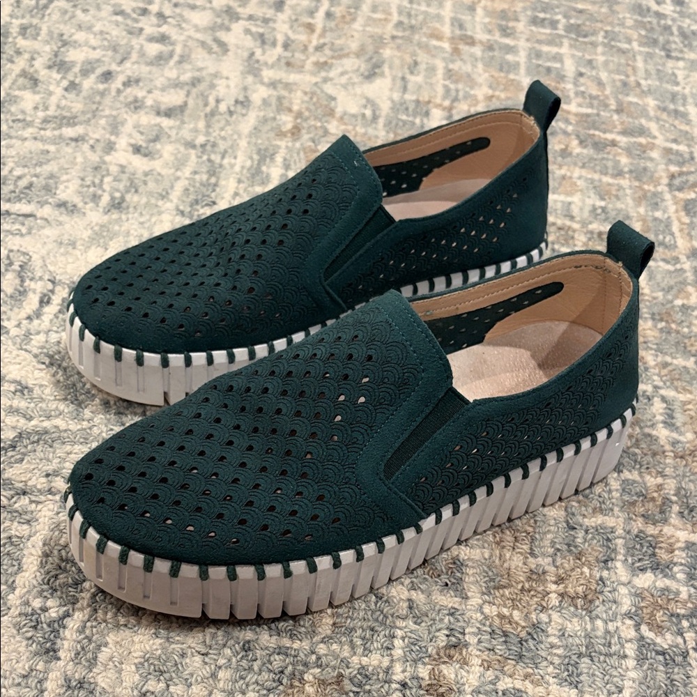 Ilse Jacobsen Dark Teal Perforated Slip-On Loafers